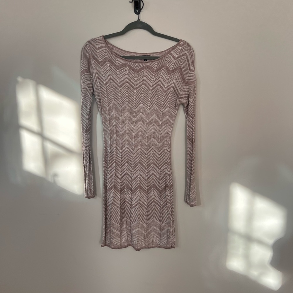 Express - Chevron Patterned Long Sleeve Dress - Beige